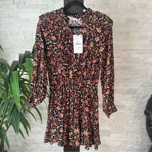 Zara Dark Floral Ruffled Boho Dress Long Sleeve Size Small New with Tags